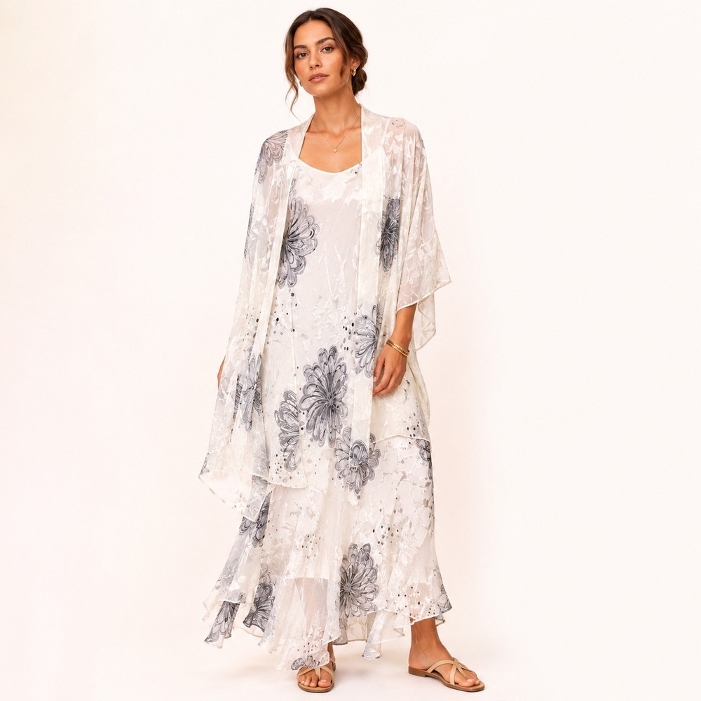 Simply Silk 2Pc Set Devore Floral Kimono Topper Slip Dress Quiet Luxury